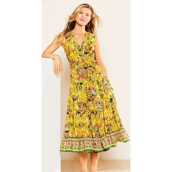 Gibson Latimer Wrap Midi Dress Womens Size Large Yellow Floral Print - Picture 1 of 7